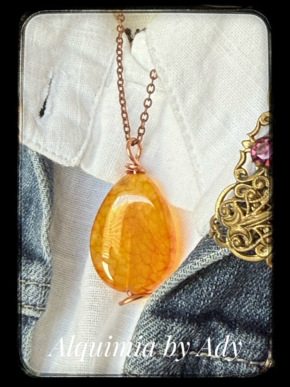 Copper Chain with BIG Honey-Orange agate Teardrop Pendant